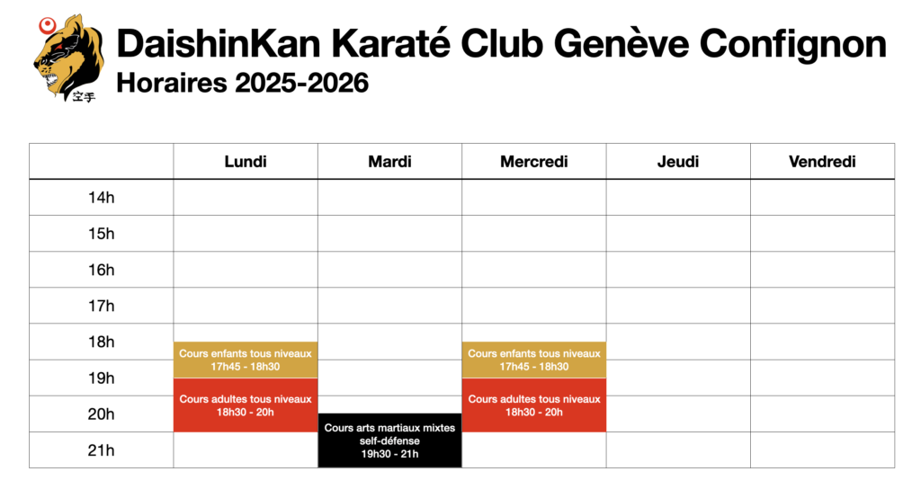 Horaire des cours au club de karaté Bernex Confignon